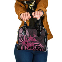 Aotearoa Maori Shoulder Handbag Pink Fern Ribbons on Black LT7 One Size Black - Polynesian Pride