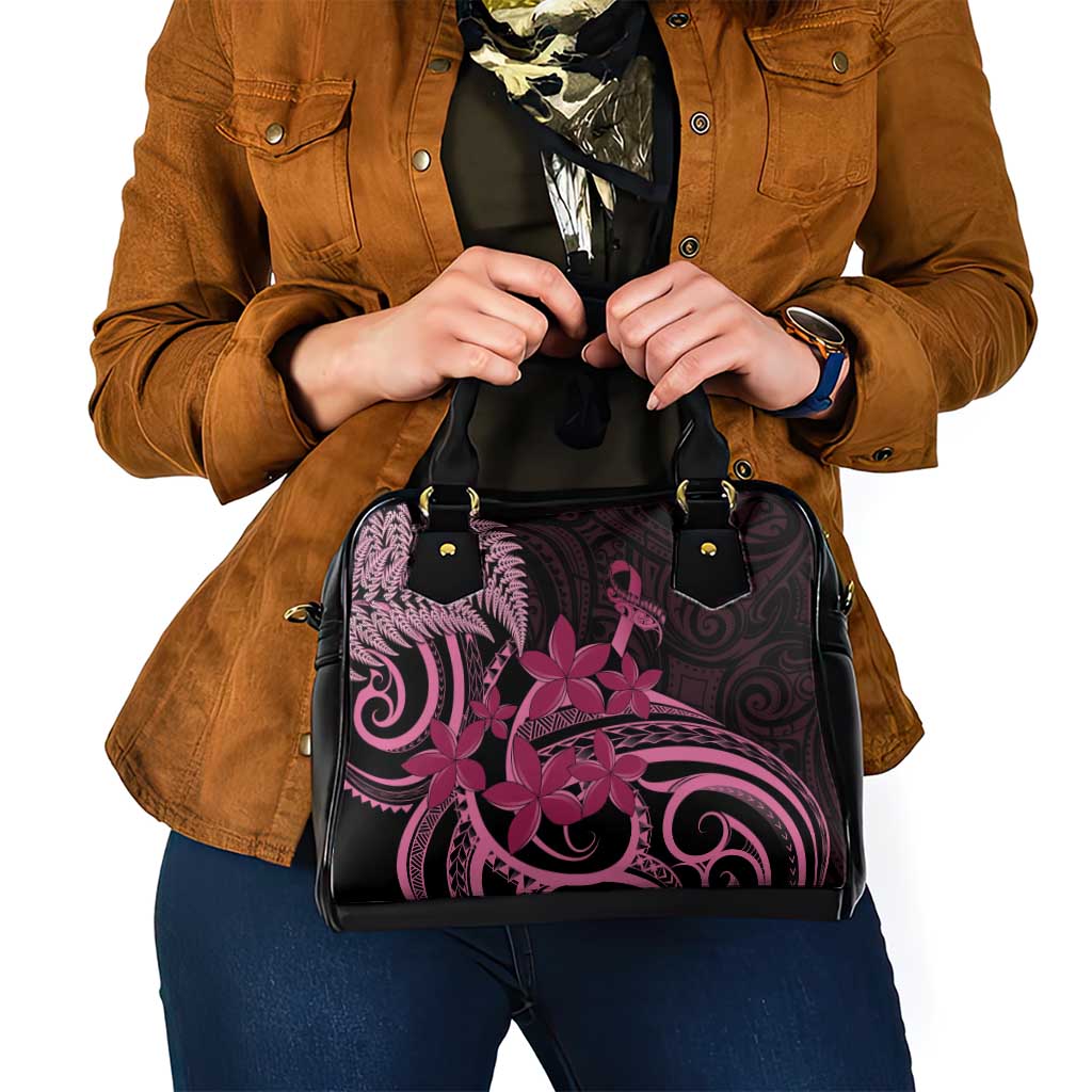 Aotearoa Maori Shoulder Handbag Pink Fern Ribbons on Black LT7 - Polynesian Pride