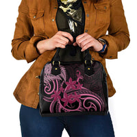Aotearoa Maori Shoulder Handbag Pink Fern Ribbons on Black LT7 - Polynesian Pride