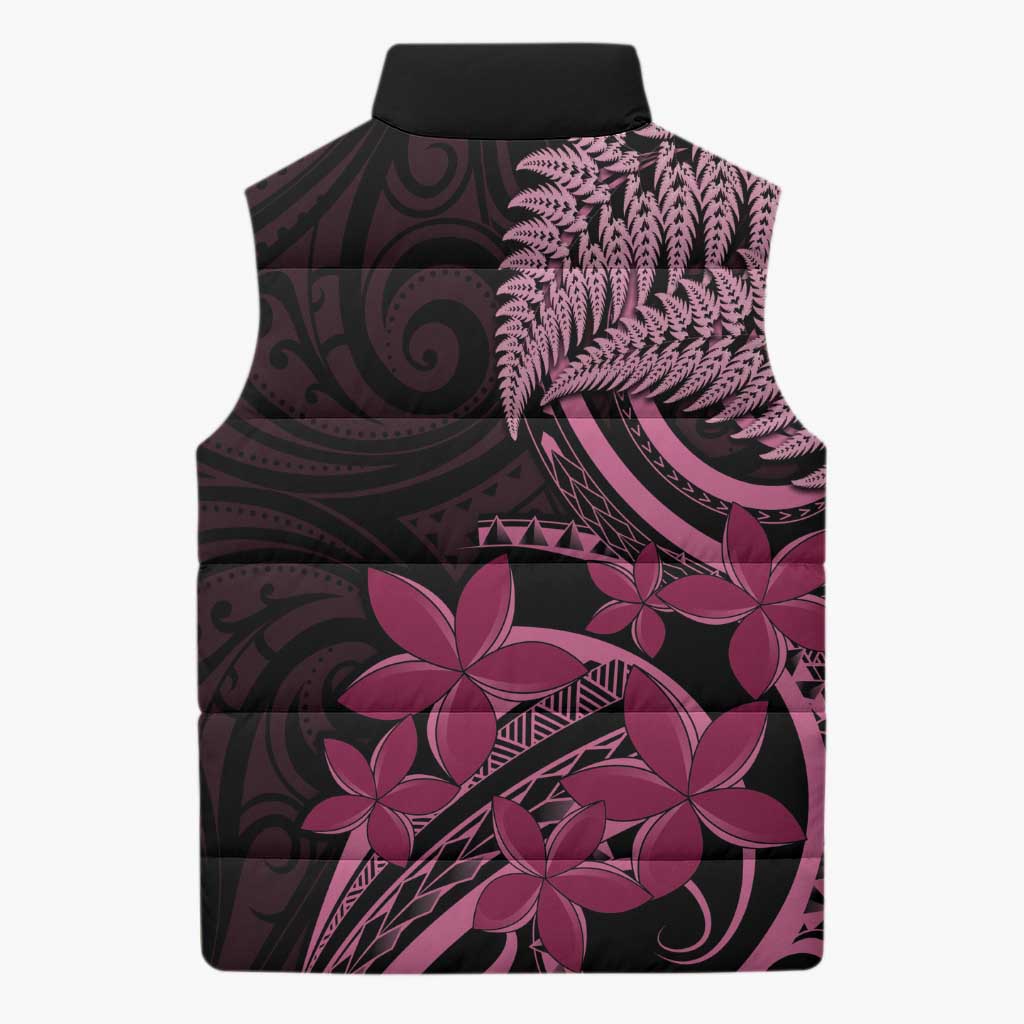 Aotearoa Maori Sleeveless Puffer Jacket Pink Fern Ribbons on Black - Polynesian Pride