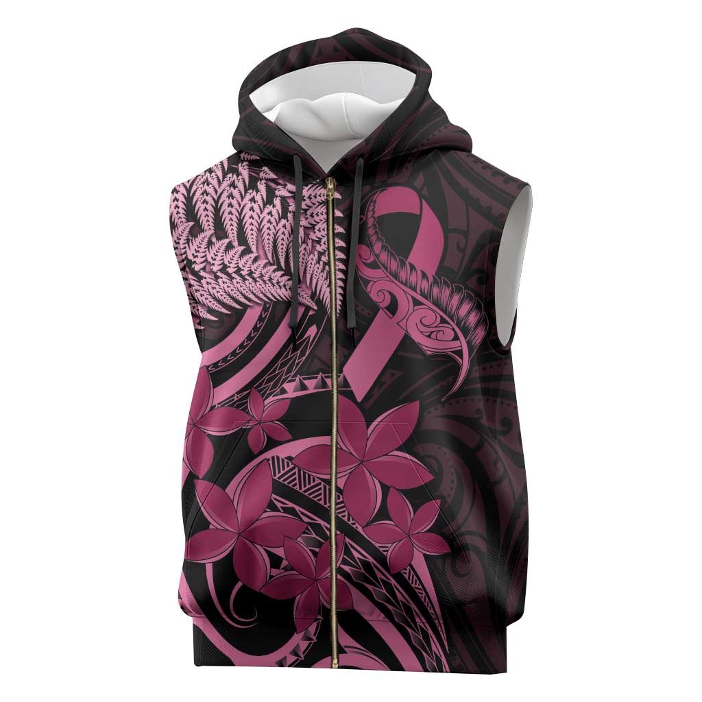 Aotearoa Maori Sleeveless Zip Hoodie Pink Fern Ribbons on Black - Polynesian Pride
