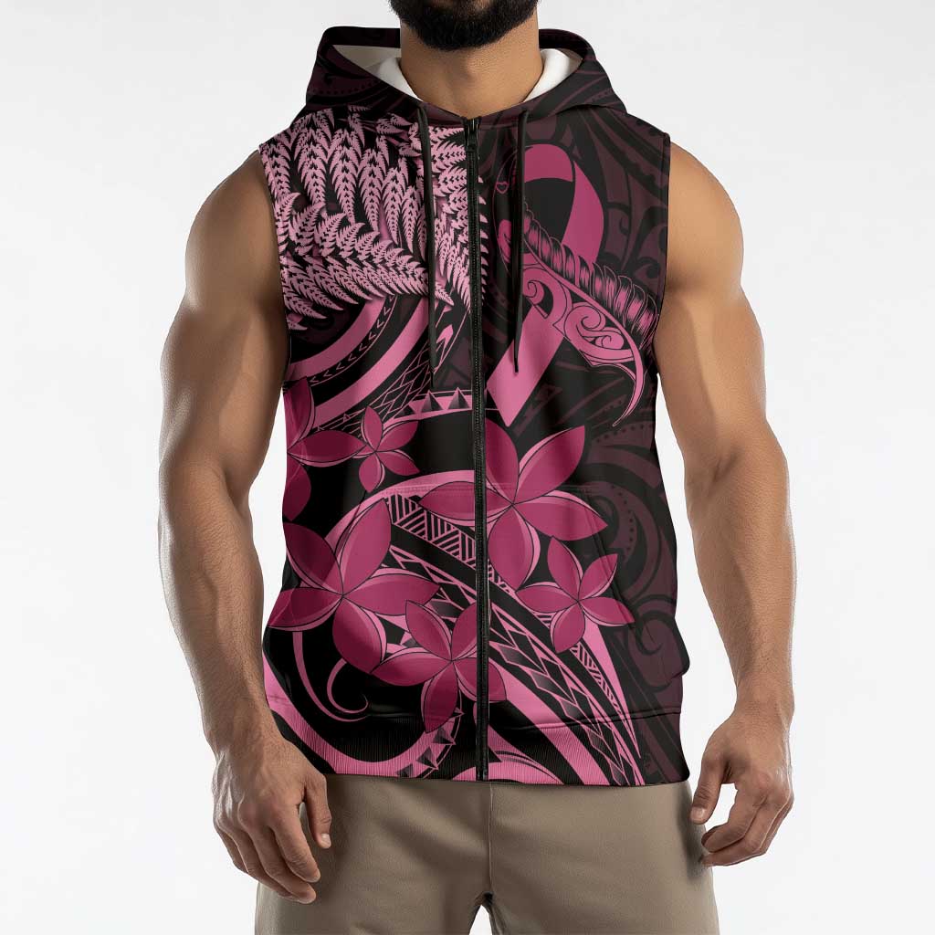 Aotearoa Maori Sleeveless Zip Hoodie Pink Fern Ribbons on Black LT7