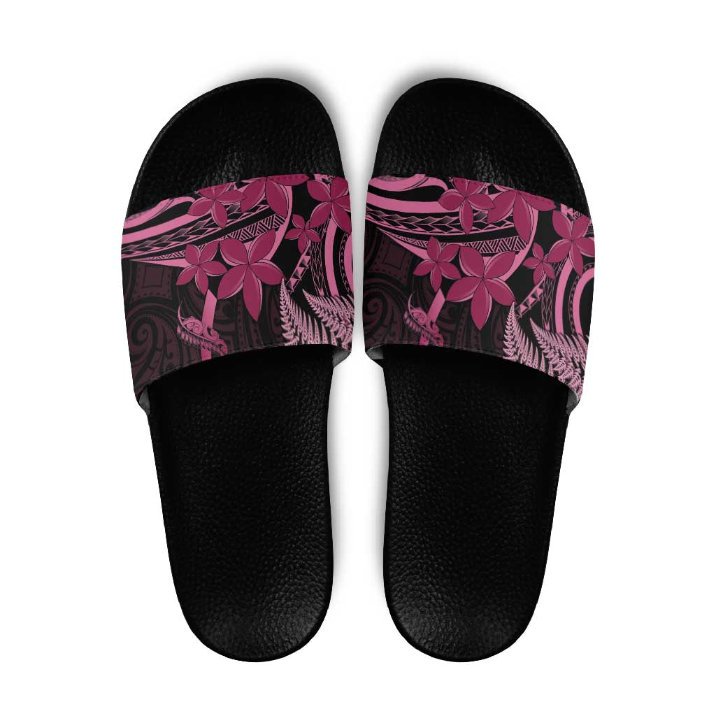 Aotearoa Maori Slide Sandals Pink Fern Ribbons on Black - Polynesian Pride