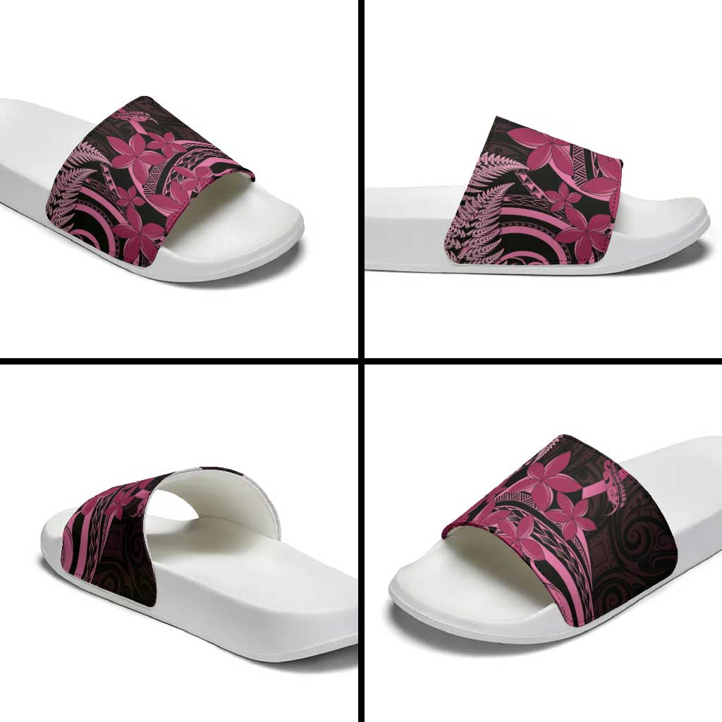 Aotearoa Maori Slide Sandals Pink Fern Ribbons on Black - Polynesian Pride