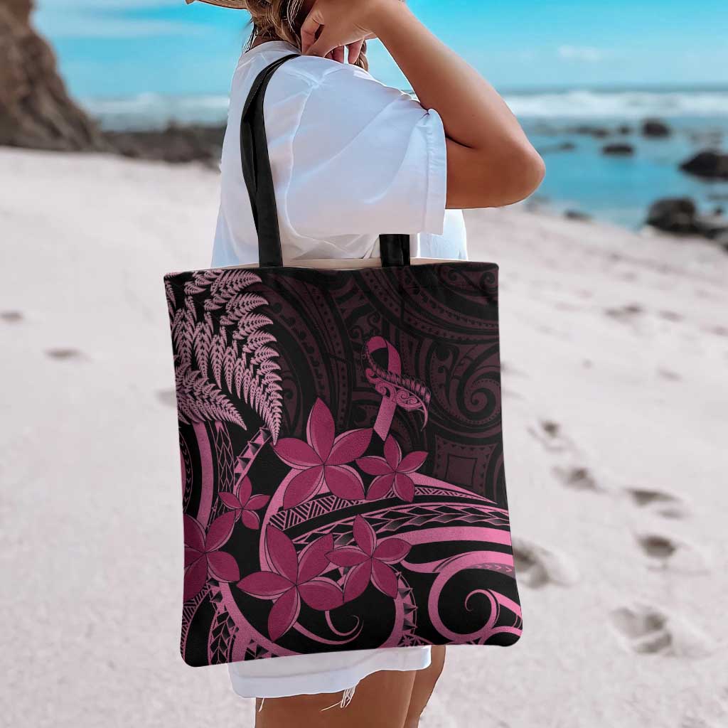 Aotearoa Maori Tote Bag Pink Fern Ribbons on Black - Polynesian Pride