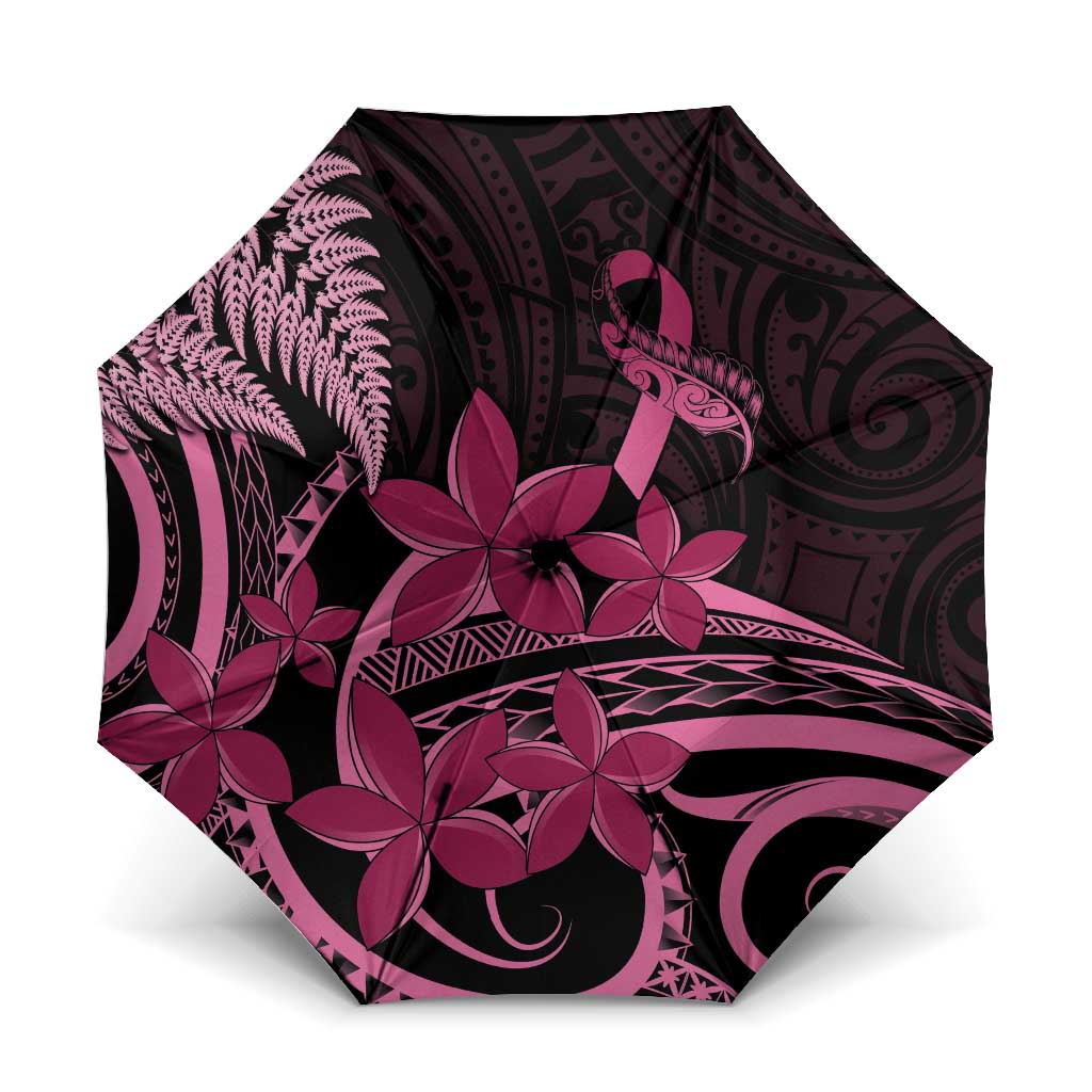 Aotearoa Maori Umbrella Pink Fern Ribbons on Black - Polynesian Pride