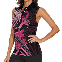 Aotearoa Maori Women Sleeveless Polo Shirt Pink Fern Ribbons on Black - Polynesian Pride