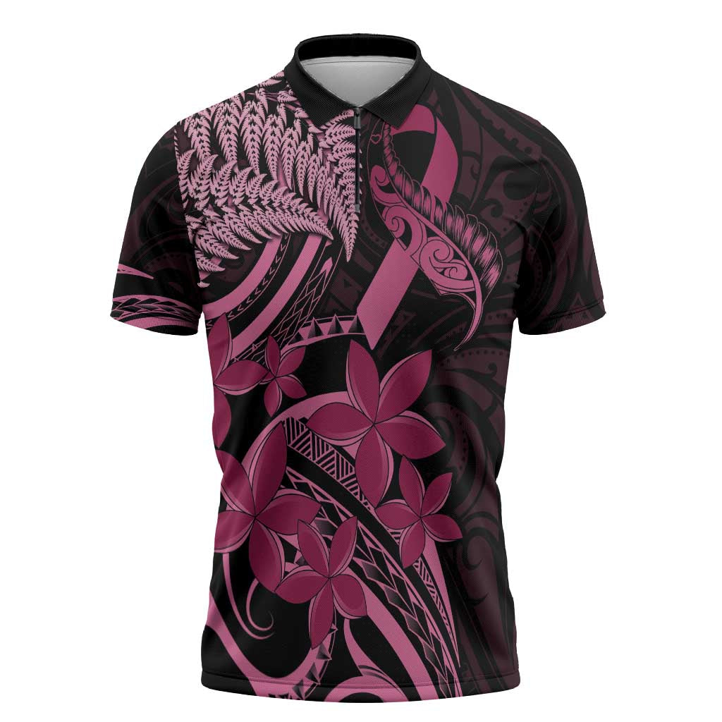 Aotearoa Maori Zipper Polo Shirt Pink Fern Ribbons on Black - Polynesian Pride