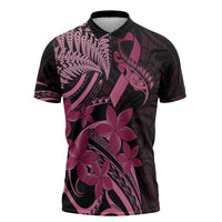 Aotearoa Maori Zipper Polo Shirt Pink Fern Ribbons on Black - Polynesian Pride