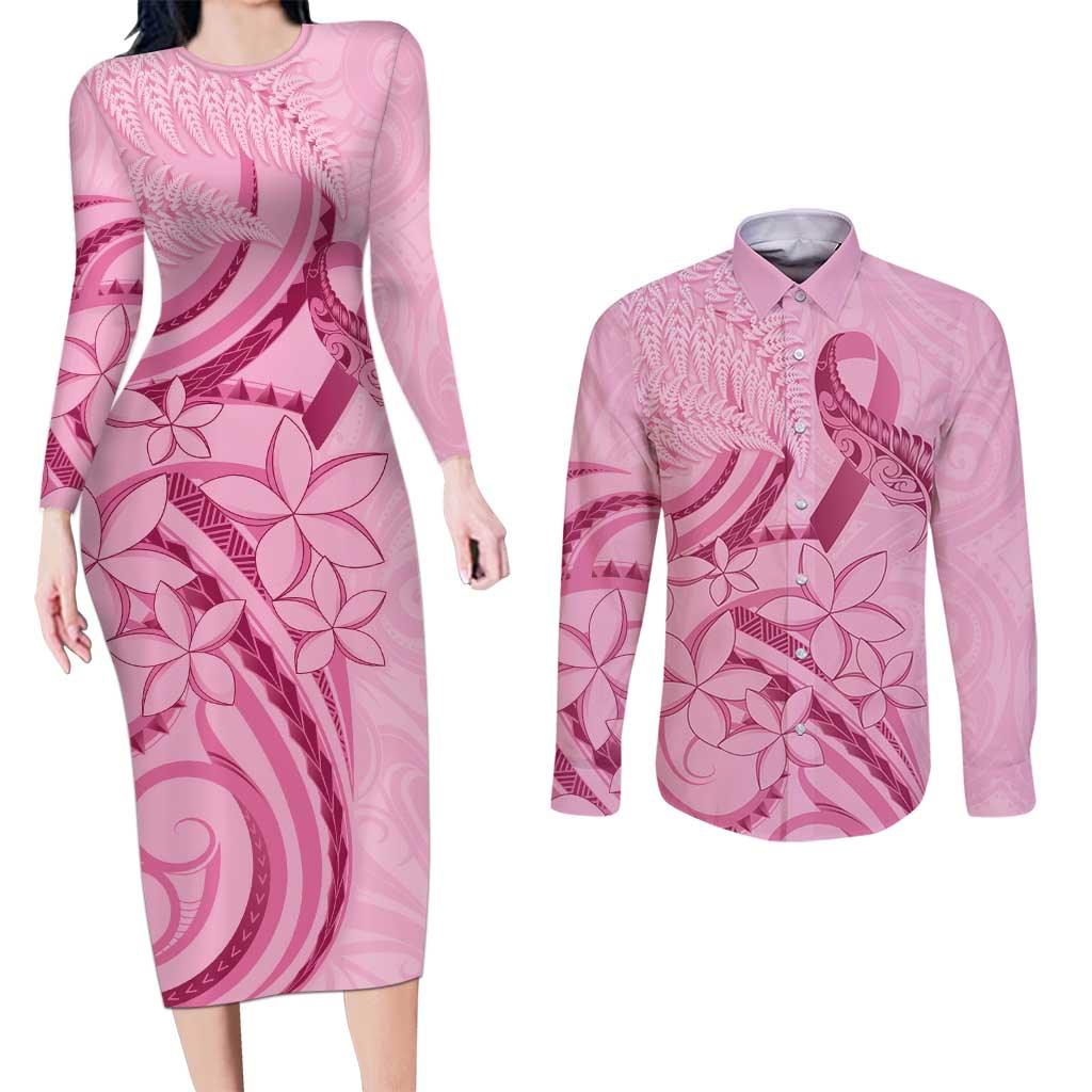 Aotearoa Maori Couples Matching Long Sleeve Bodycon Dress and Long Sleeve Button Shirt Pink Fern Ribbons - Polynesian Pride