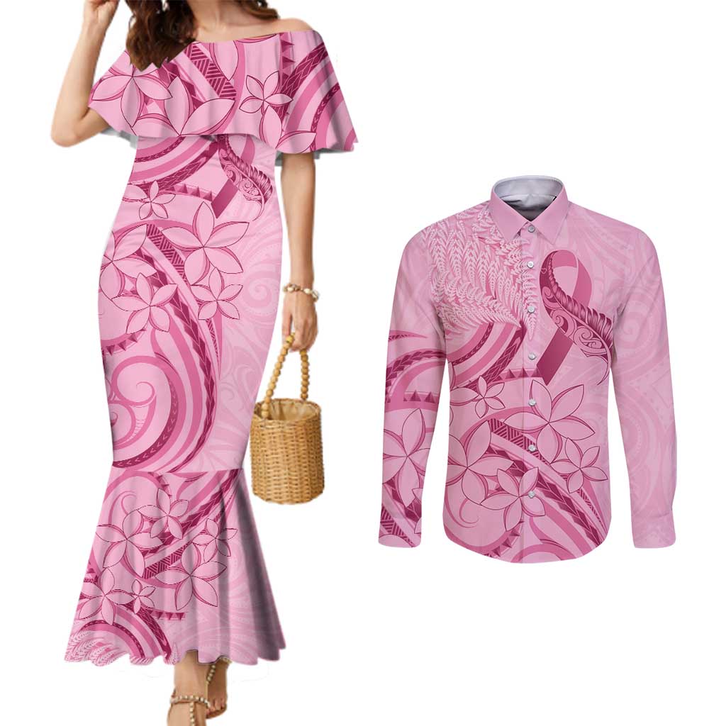 Aotearoa Maori Couples Matching Mermaid Dress and Long Sleeve Button Shirt Pink Fern Ribbons - Polynesian Pride