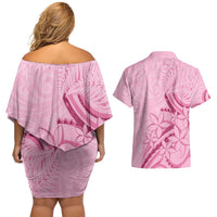 Aotearoa Maori Couples Matching Off Shoulder Short Dress and Hawaiian Shirt Pink Fern Ribbons LT7 - Polynesian Pride