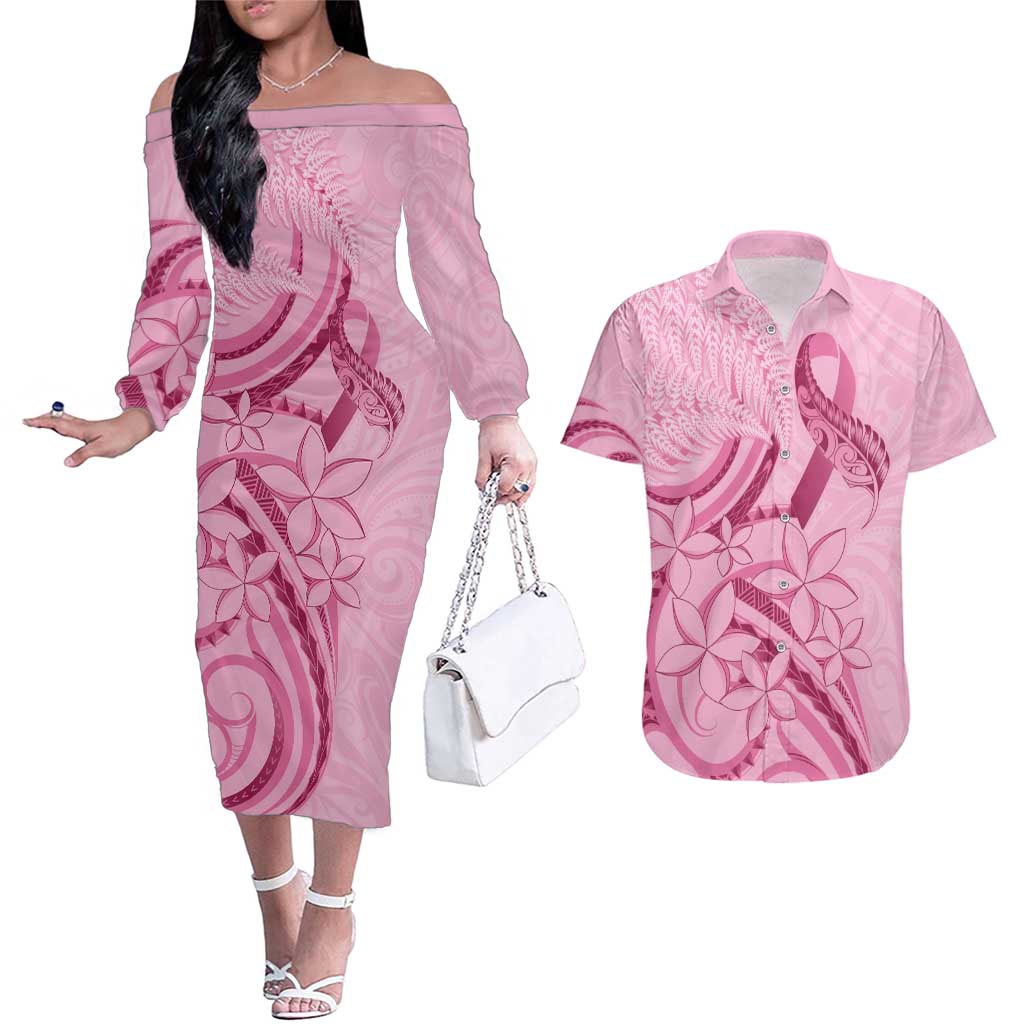 Aotearoa Maori Couples Matching Off The Shoulder Long Sleeve Dress and Hawaiian Shirt Pink Fern Ribbons - Polynesian Pride