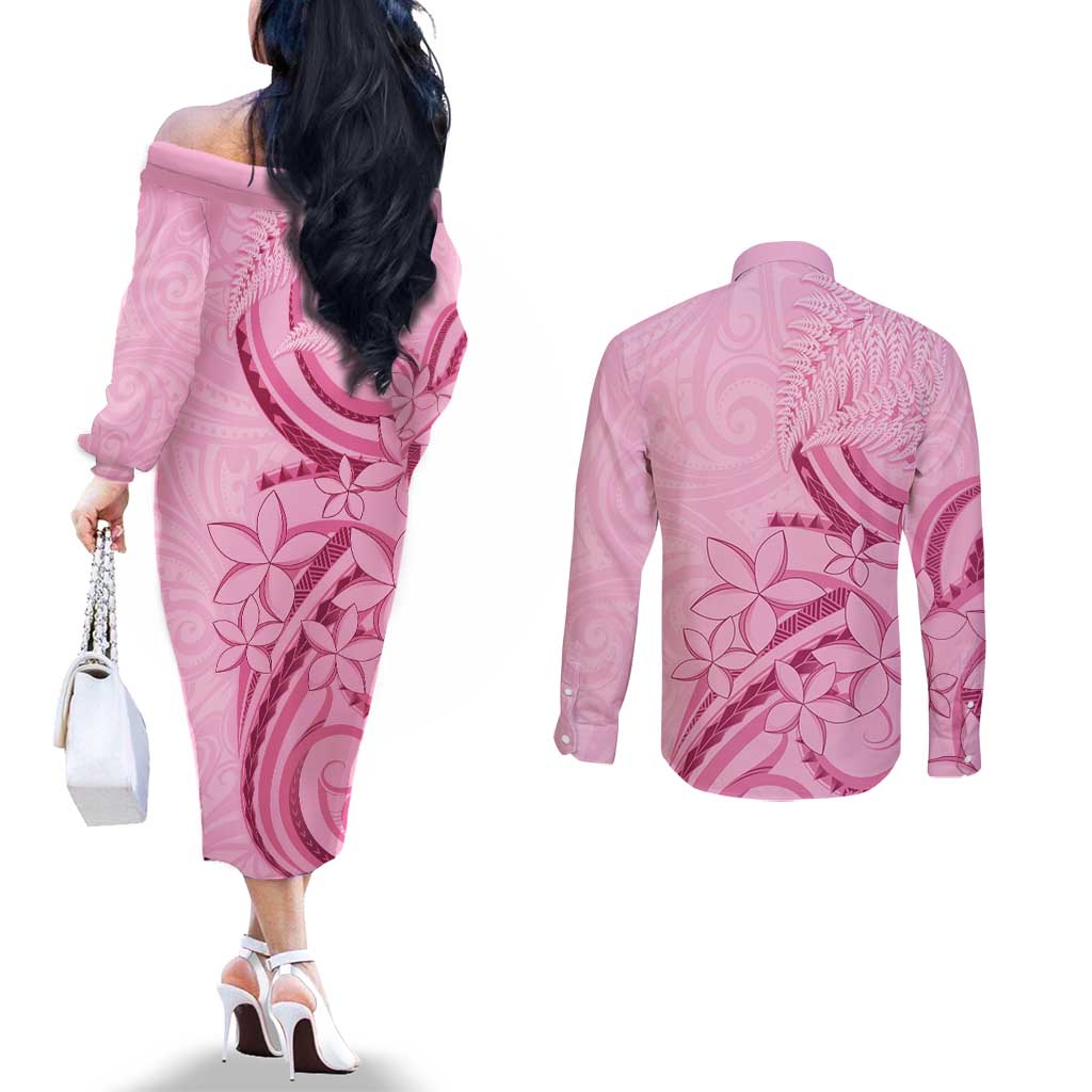 Aotearoa Maori Couples Matching Off The Shoulder Long Sleeve Dress and Long Sleeve Button Shirt Pink Fern Ribbons - Polynesian Pride