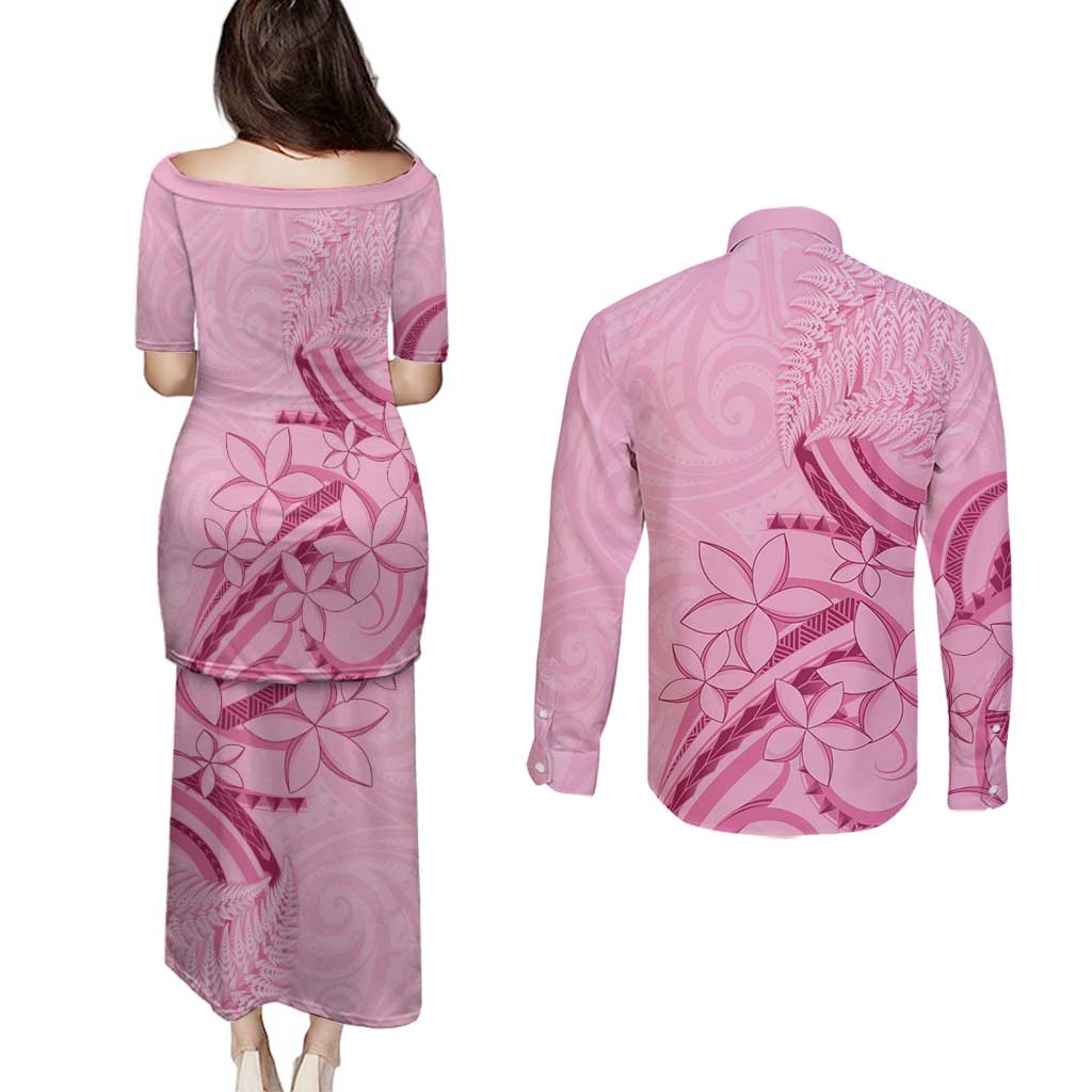 Aotearoa Maori Couples Matching Puletasi and Long Sleeve Button Shirt Pink Fern Ribbons - Polynesian Pride