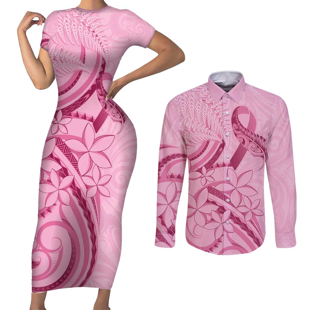 Aotearoa Maori Couples Matching Short Sleeve Bodycon Dress and Long Sleeve Button Shirt Pink Fern Ribbons - Polynesian Pride