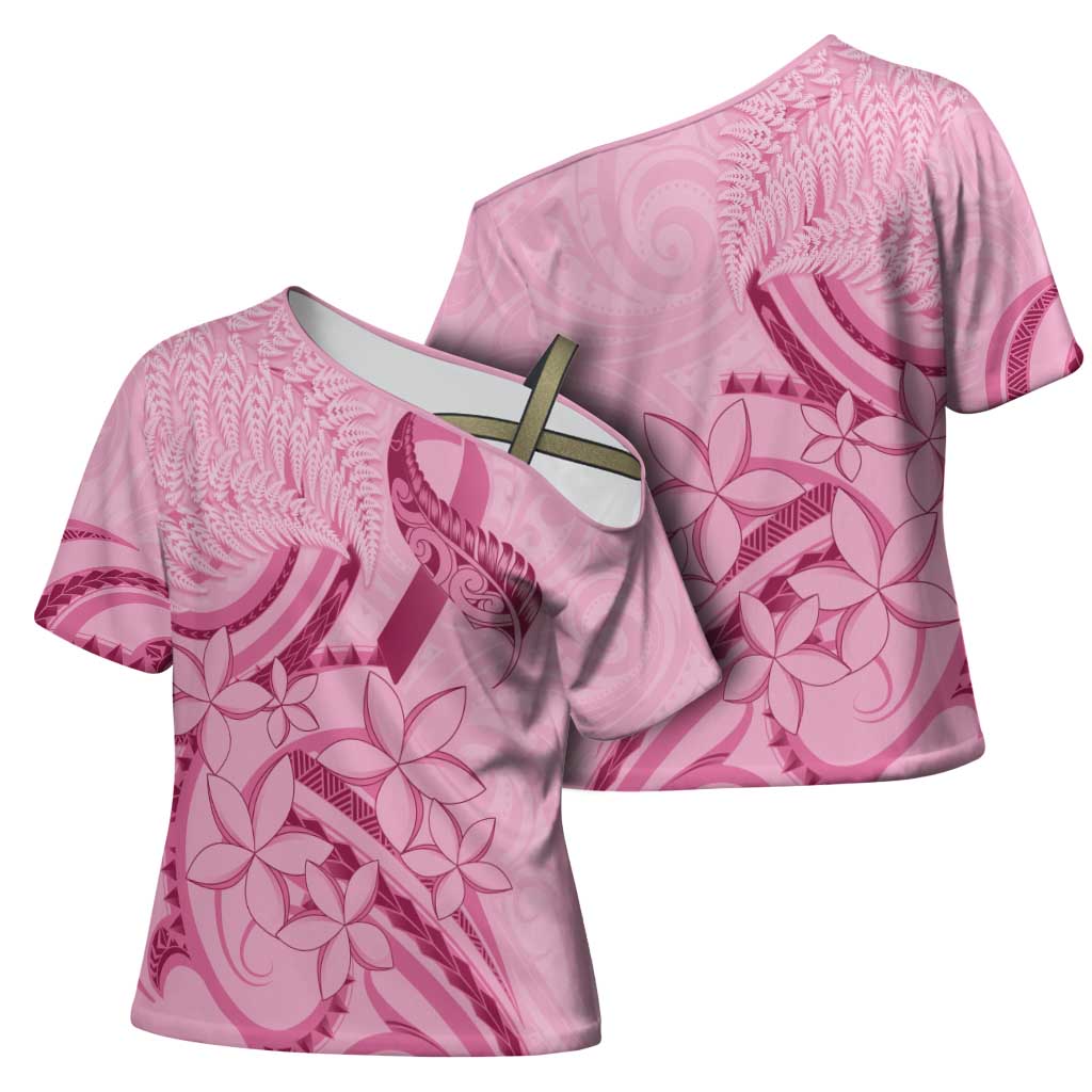 Aotearoa Maori Cross Shoulder Shirt Pink Fern Ribbons - Polynesian Pride