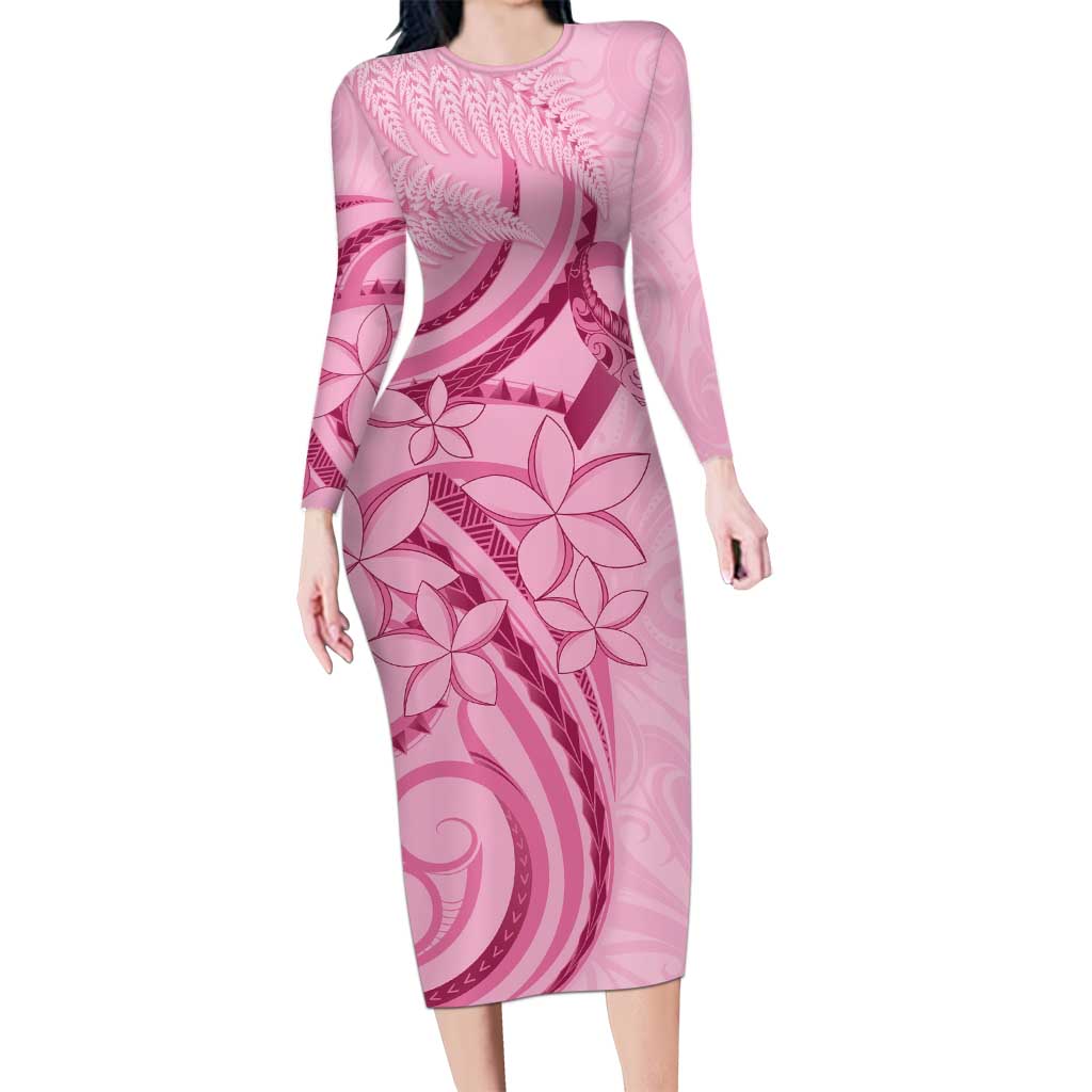Aotearoa Maori Family Matching Long Sleeve Bodycon Dress and Hawaiian Shirt Pink Fern Ribbons - Polynesian Pride