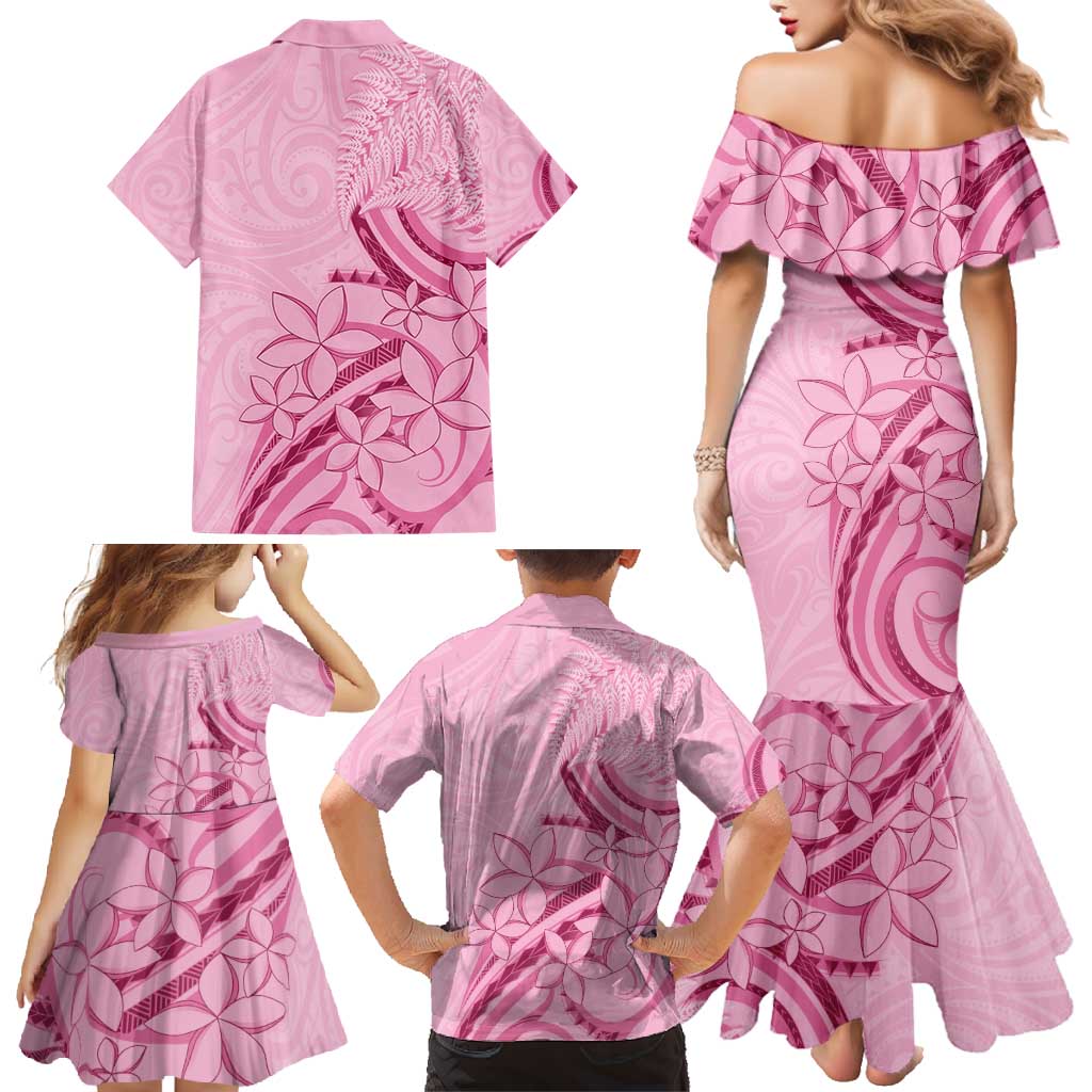 Aotearoa Maori Family Matching Mermaid Dress and Hawaiian Shirt Pink Fern Ribbons - Polynesian Pride