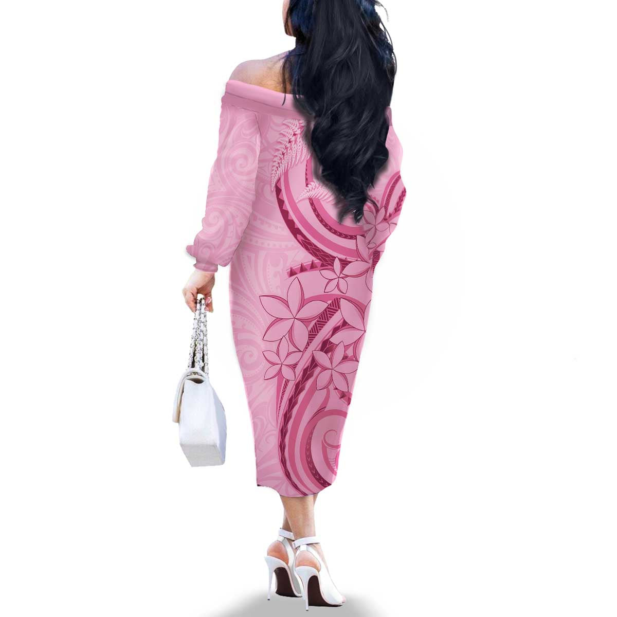 Aotearoa Maori Family Matching Off The Shoulder Long Sleeve Dress and Hawaiian Shirt Pink Fern Ribbons - Polynesian Pride