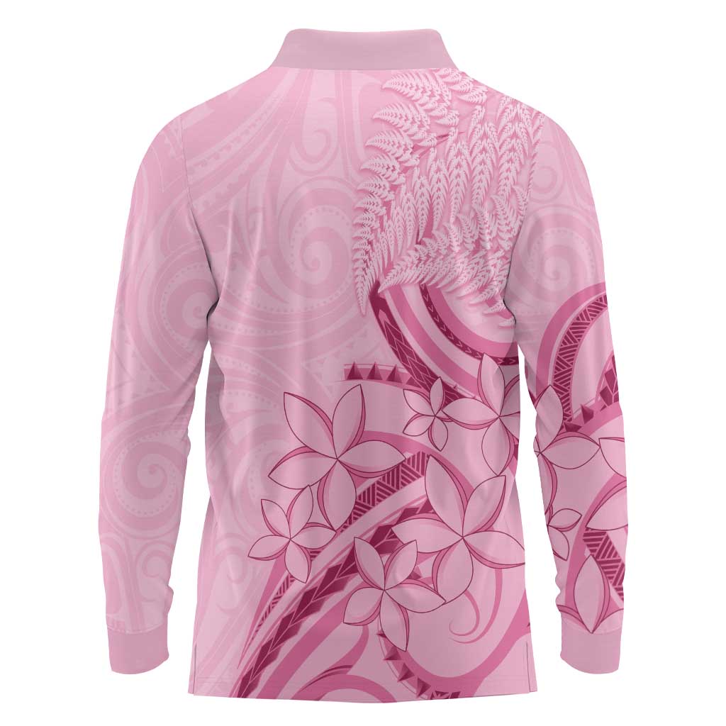Aotearoa Maori Long Sleeve Polo Shirt Pink Fern Ribbons - Polynesian Pride