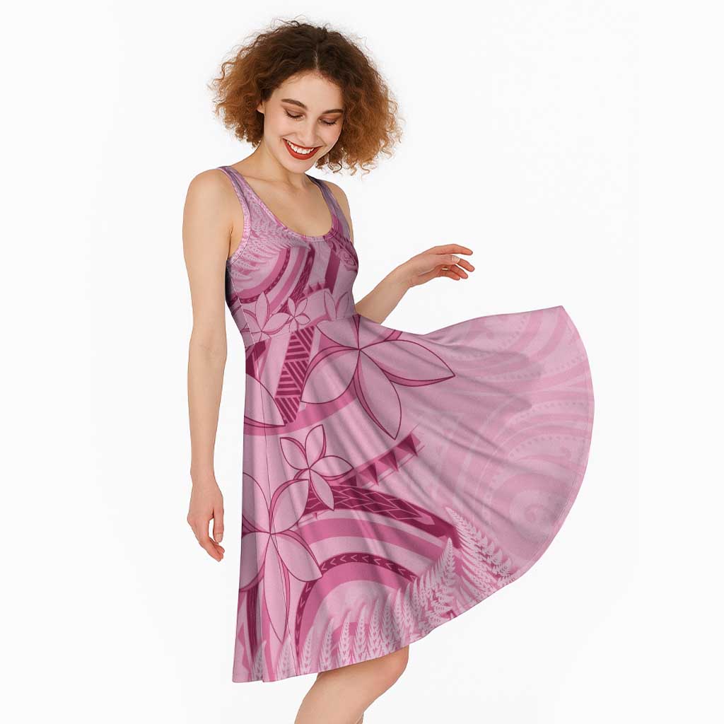 Aotearoa Maori Midi Dress Pink Fern Ribbons - Polynesian Pride