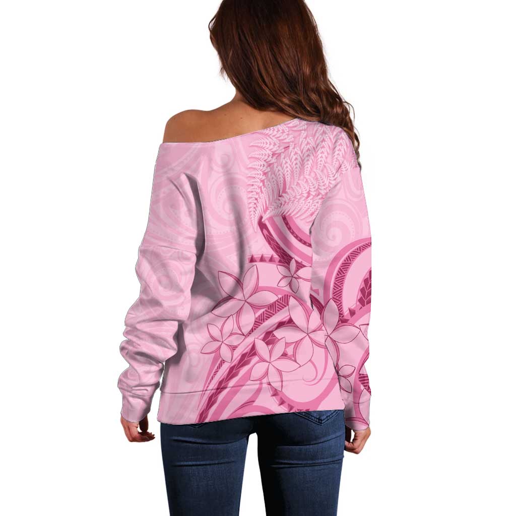 Aotearoa Maori Off Shoulder Sweater Pink Fern Ribbons - Polynesian Pride