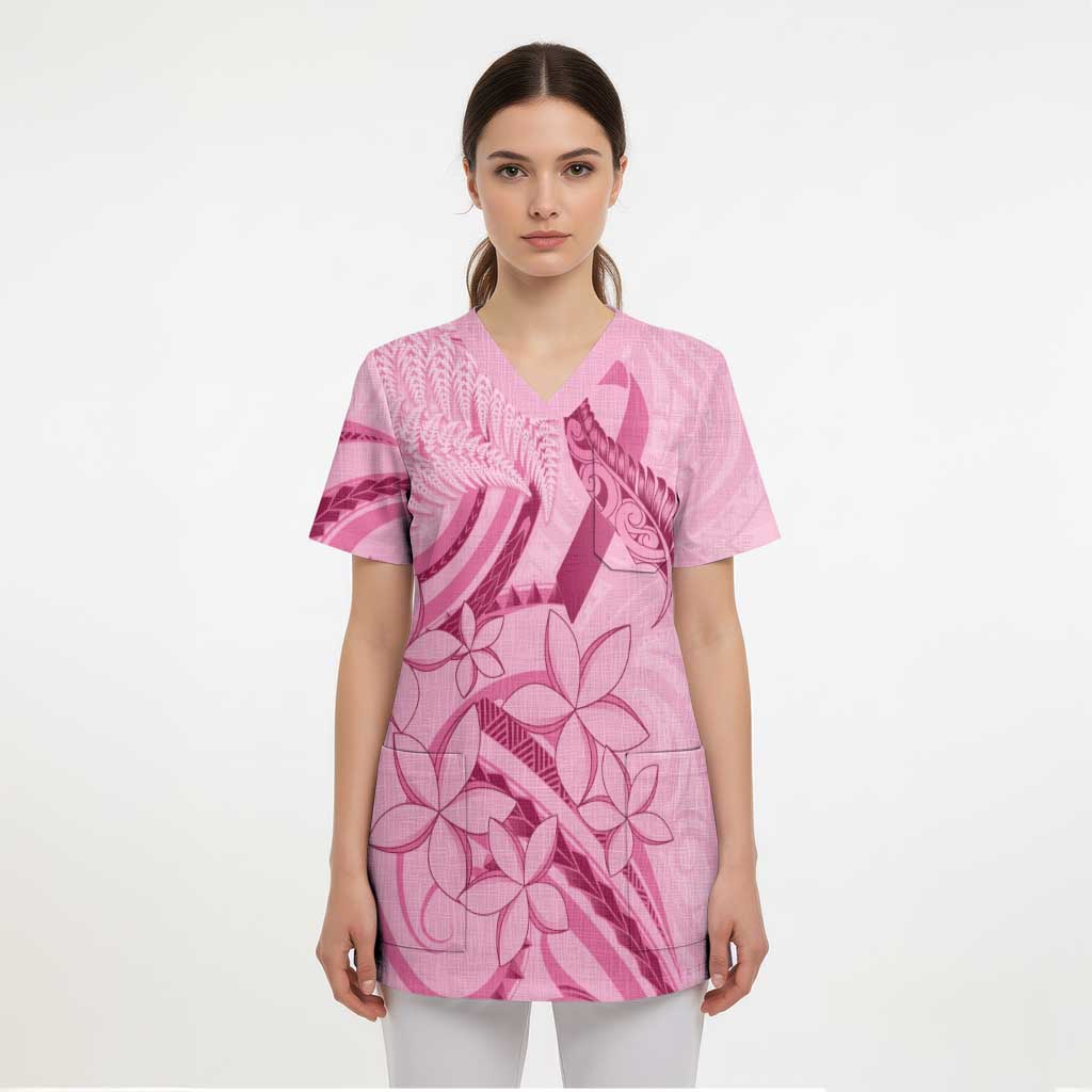 Aotearoa Maori Scrub Top Pink Fern Ribbons LT7 - Polynesian Pride