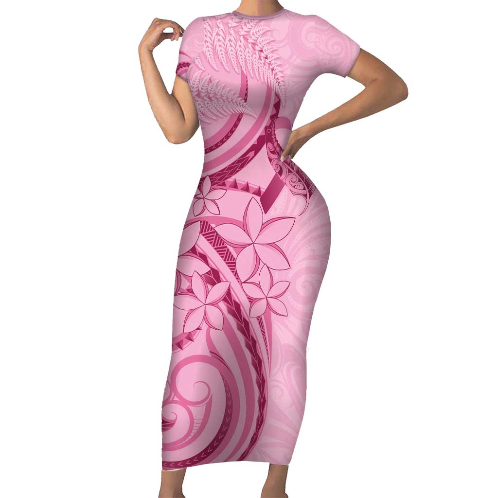 Aotearoa Maori Short Sleeve Bodycon Dress Pink Fern Ribbons - Polynesian Pride
