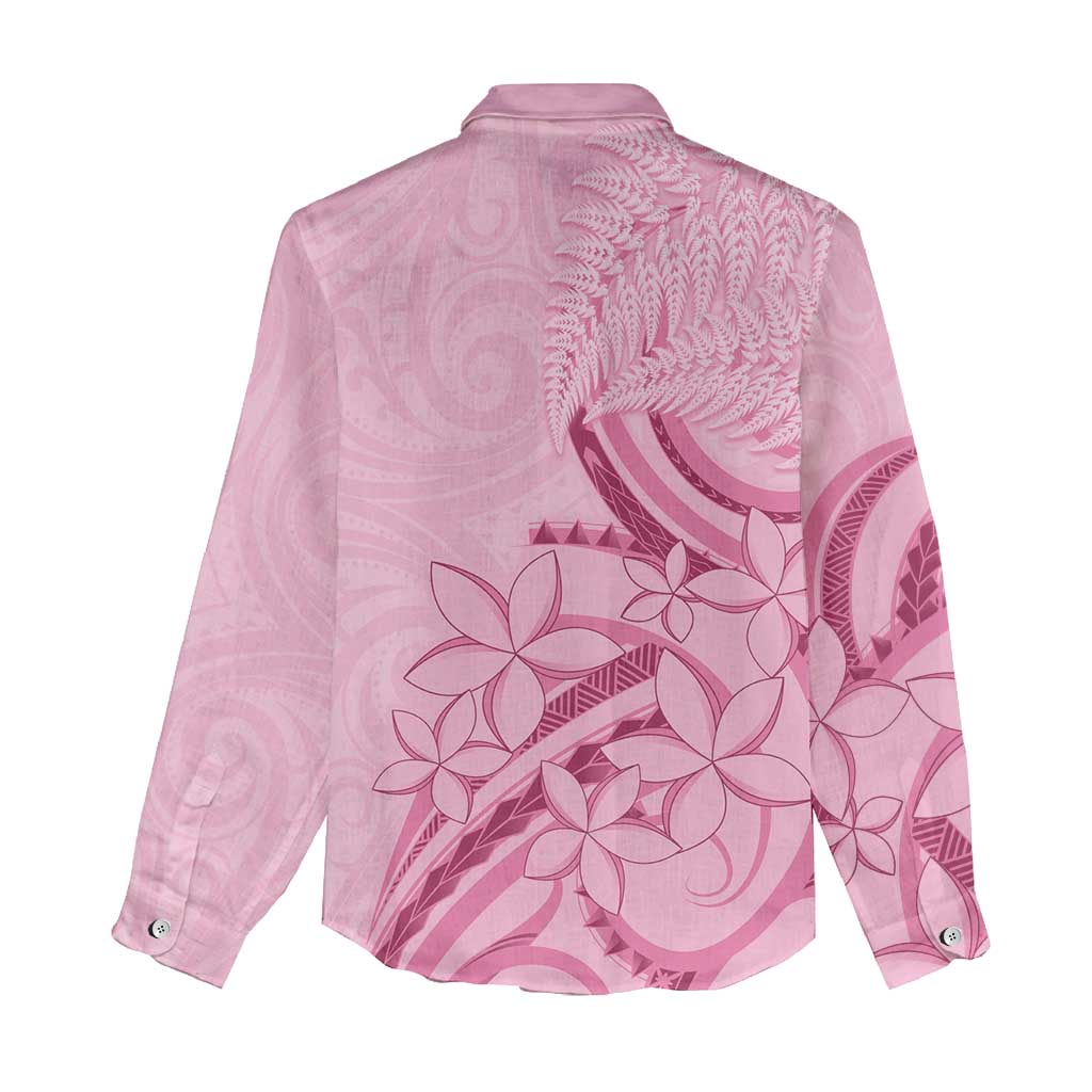 Aotearoa Maori Women Casual Shirt Pink Fern Ribbons - Polynesian Pride