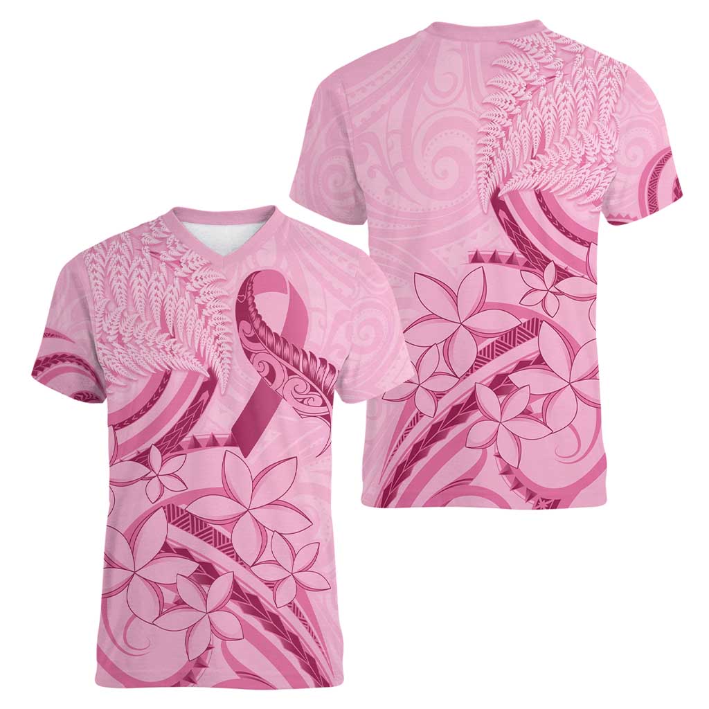 Aotearoa Maori Women V-Neck T-Shirt Pink Fern Ribbons - Polynesian Pride