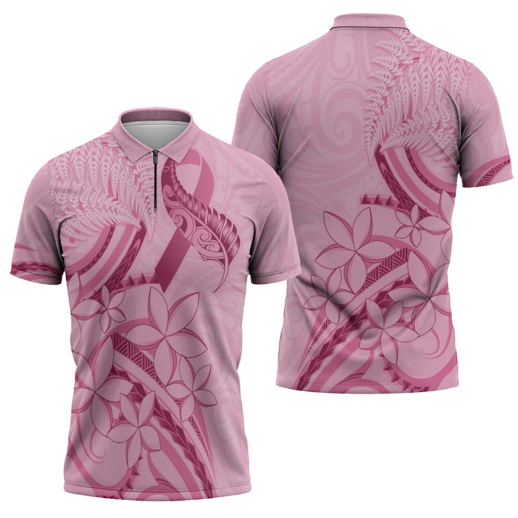 Aotearoa Maori Zipper Polo Shirt Pink Fern Ribbons - Polynesian Pride