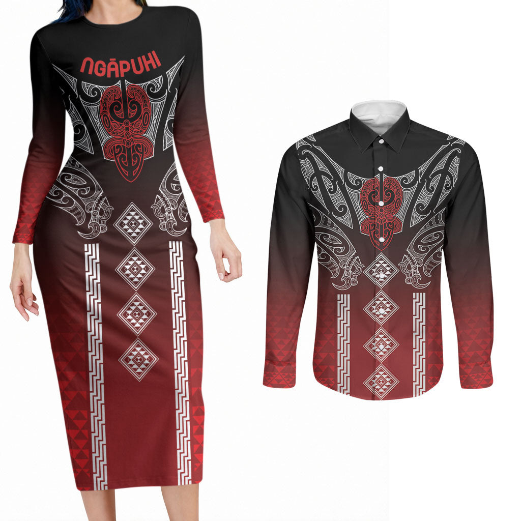 Aotearoa Maori Iwi Heritage Couples Matching Long Sleeve Bodycon Dress and Long Sleeve Button Shirt Ngapuhi Kokowai LT7 Red - Polynesian Pride
