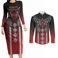 Aotearoa Maori Iwi Heritage Couples Matching Long Sleeve Bodycon Dress and Long Sleeve Button Shirt Ngapuhi Kokowai LT7 Red - Polynesian Pride