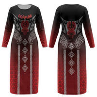 Aotearoa Maori Iwi Heritage Couples Matching Long Sleeve Bodycon Dress and Long Sleeve Button Shirt Ngapuhi Kokowai LT7 - Polynesian Pride