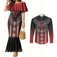 Aotearoa Maori Iwi Heritage Couples Matching Mermaid Dress and Long Sleeve Button Shirt Ngapuhi Kokowai LT7 Red - Polynesian Pride