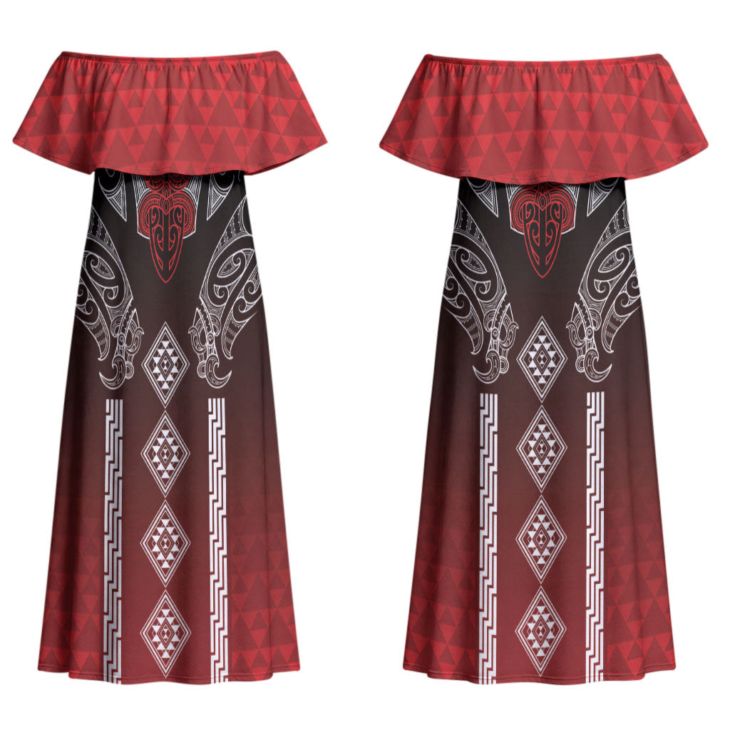 Aotearoa Maori Iwi Heritage Couples Matching Off Shoulder Maxi Dress and Hawaiian Shirt Ngapuhi Kokowai LT7 - Polynesian Pride