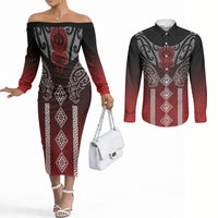 Aotearoa Maori Iwi Heritage Couples Matching Off The Shoulder Long Sleeve Dress and Long Sleeve Button Shirt Ngapuhi Kokowai LT7 Red - Polynesian Pride