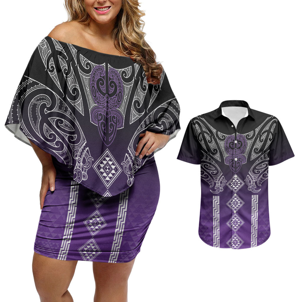 Aotearoa Maori Iwi Heritage Couples Matching Off Shoulder Short Dress and Hawaiian Shirt Ngati Porou Waiporoporo LT7 Purple - Polynesian Pride