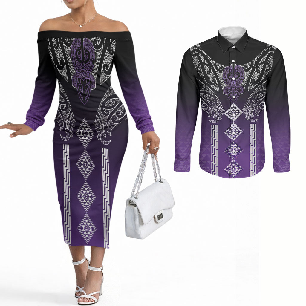 Aotearoa Maori Iwi Heritage Couples Matching Off The Shoulder Long Sleeve Dress and Long Sleeve Button Shirt Ngati Porou Waiporoporo LT7 Purple - Polynesian Pride
