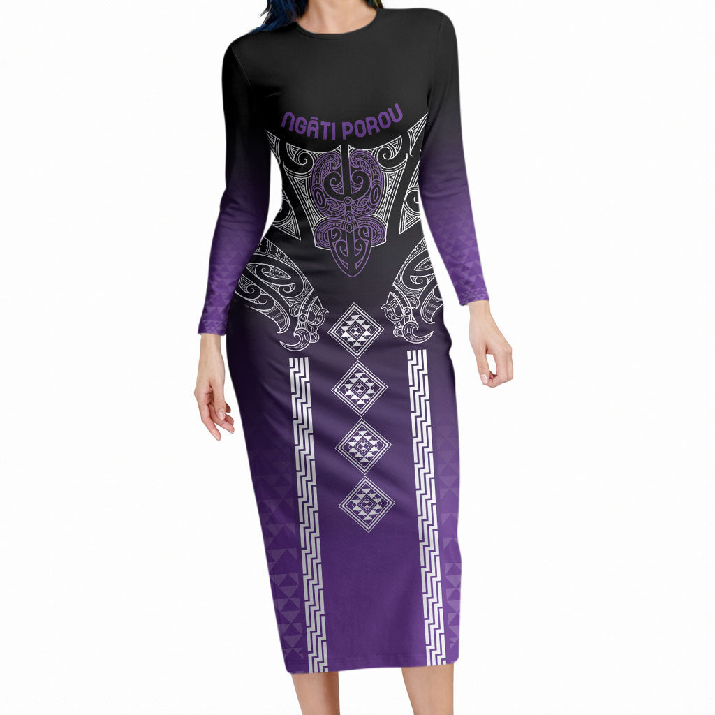 Aotearoa Maori Iwi Heritage Long Sleeve Bodycon Dress Ngati Porou Waiporoporo LT7 Long Dress Purple - Polynesian Pride