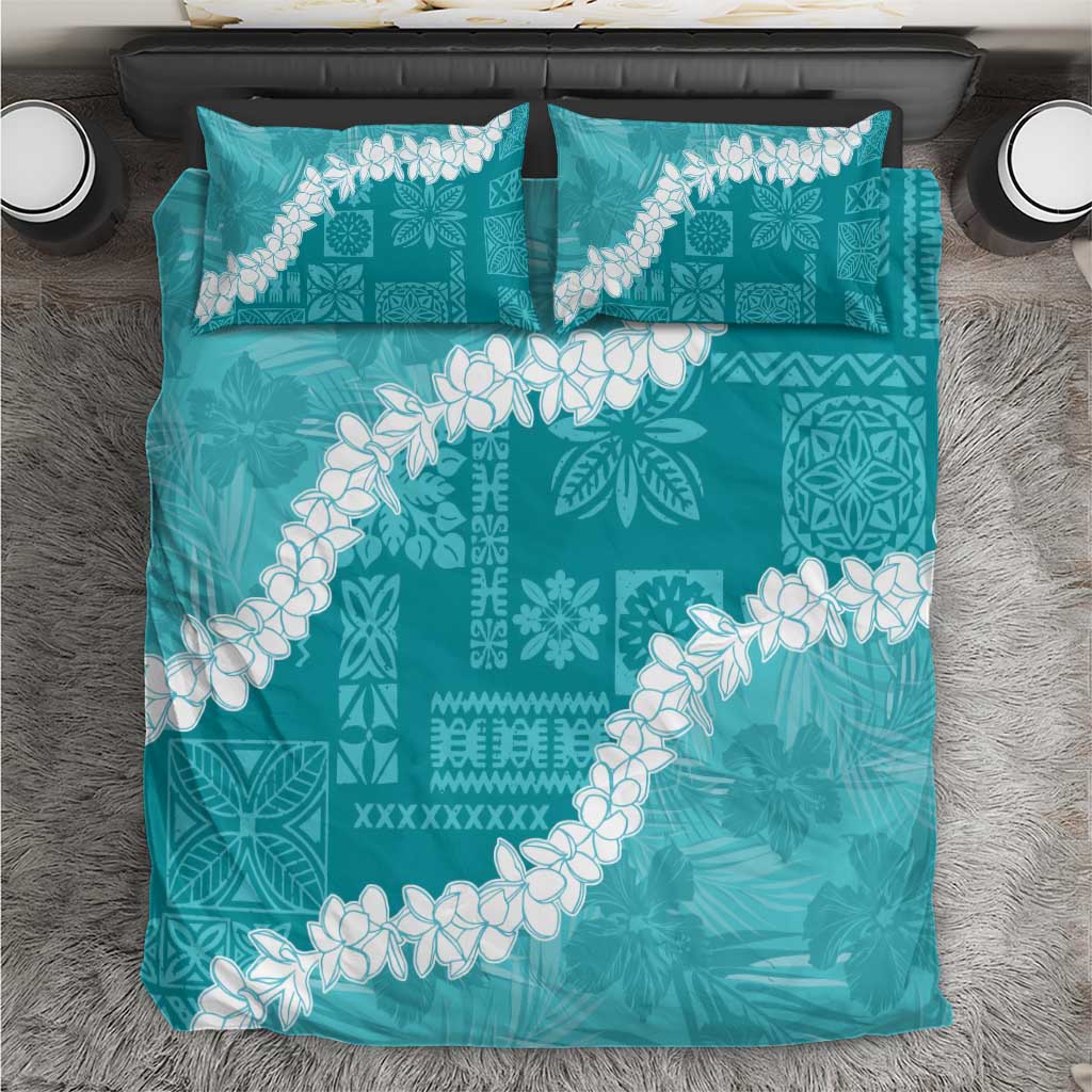 Hawaii Aloha Bedding Set Teal Quilt Patch Work Mix Plumeria Lei