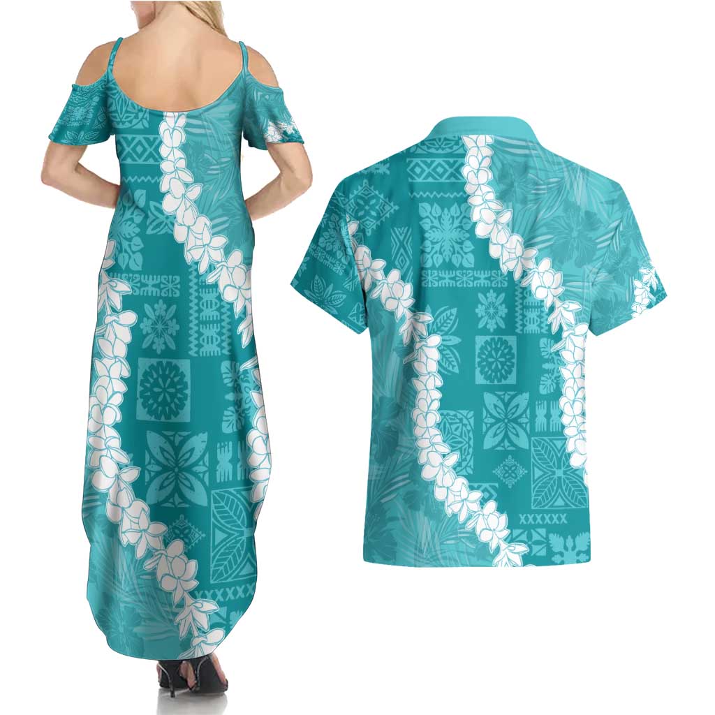 Hawaii Aloha Couples Matching Summer Maxi Dress and Hawaiian Shirt Teal Quilt Patch Work Mix Plumeria Lei
