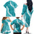 Hawaii Aloha Family Matching Off The Shoulder Long Sleeve Dress and Hawaiian Shirt Teal Quilt Patch Work Mix Plumeria Lei