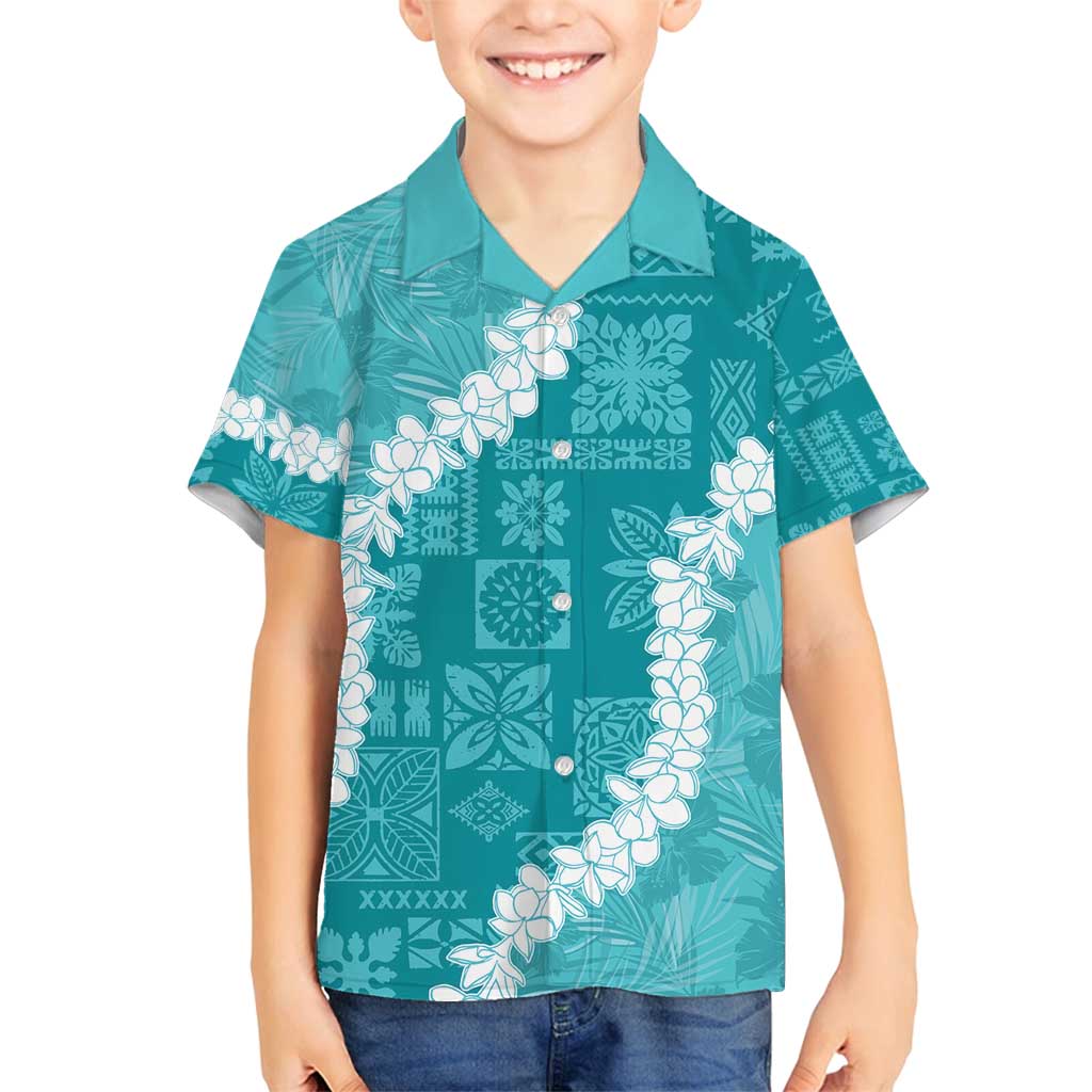 Hawaii Aloha Family Matching Off Shoulder Maxi Dress and Hawaiian Shirt Teal Quilt Patch Work Mix Plumeria Lei