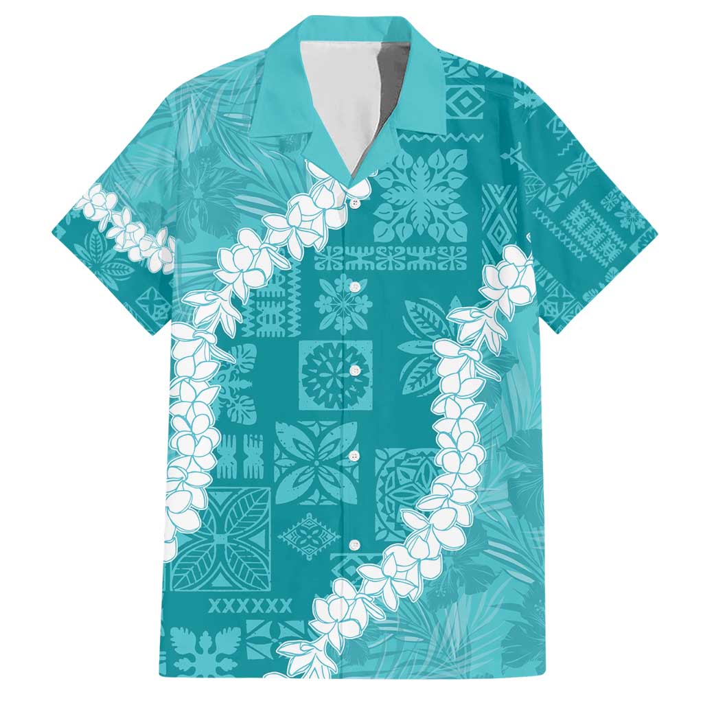 Hawaii Aloha Family Matching Short Sleeve Bodycon Dress and Hawaiian Shirt Teal Quilt Patch Work Mix Plumeria Lei