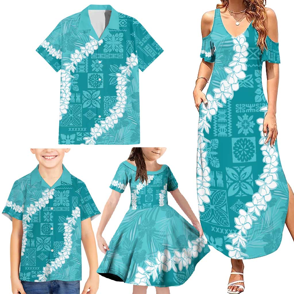 Hawaii Aloha Family Matching Summer Maxi Dress and Hawaiian Shirt Teal Quilt Patch Work Mix Plumeria Lei