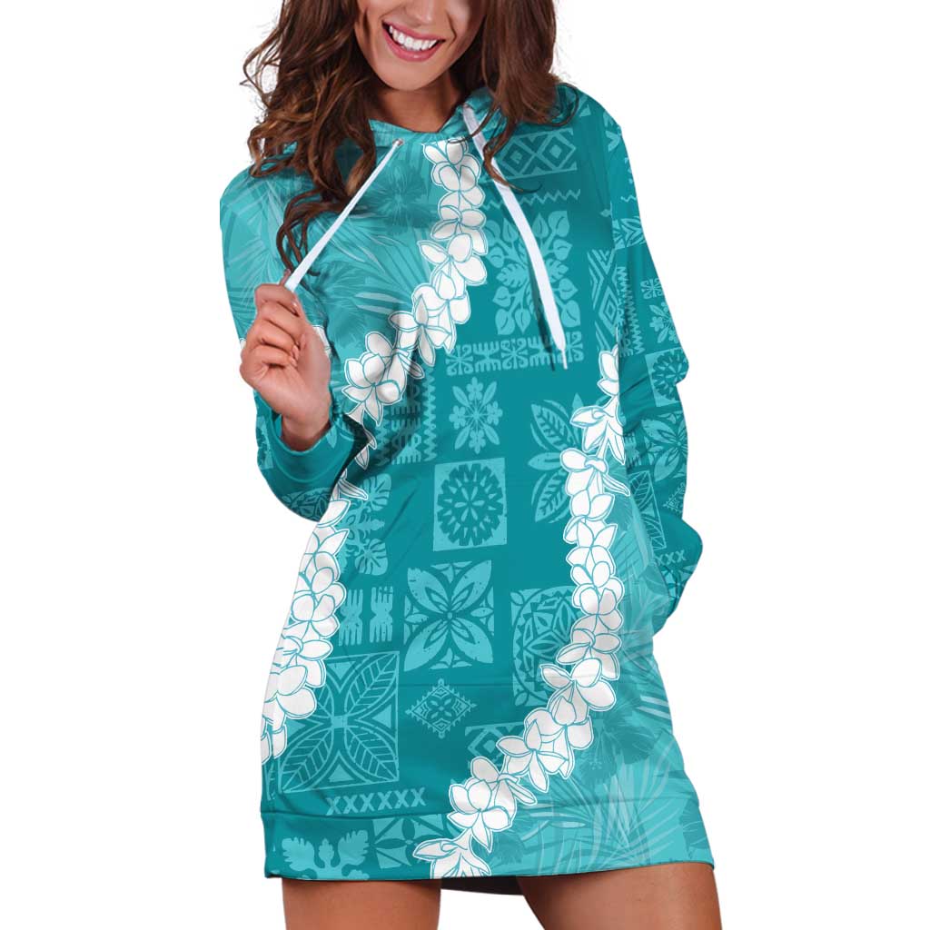 Hawaii Aloha Hoodie Dress Teal Quilt Patch Work Mix Plumeria Lei