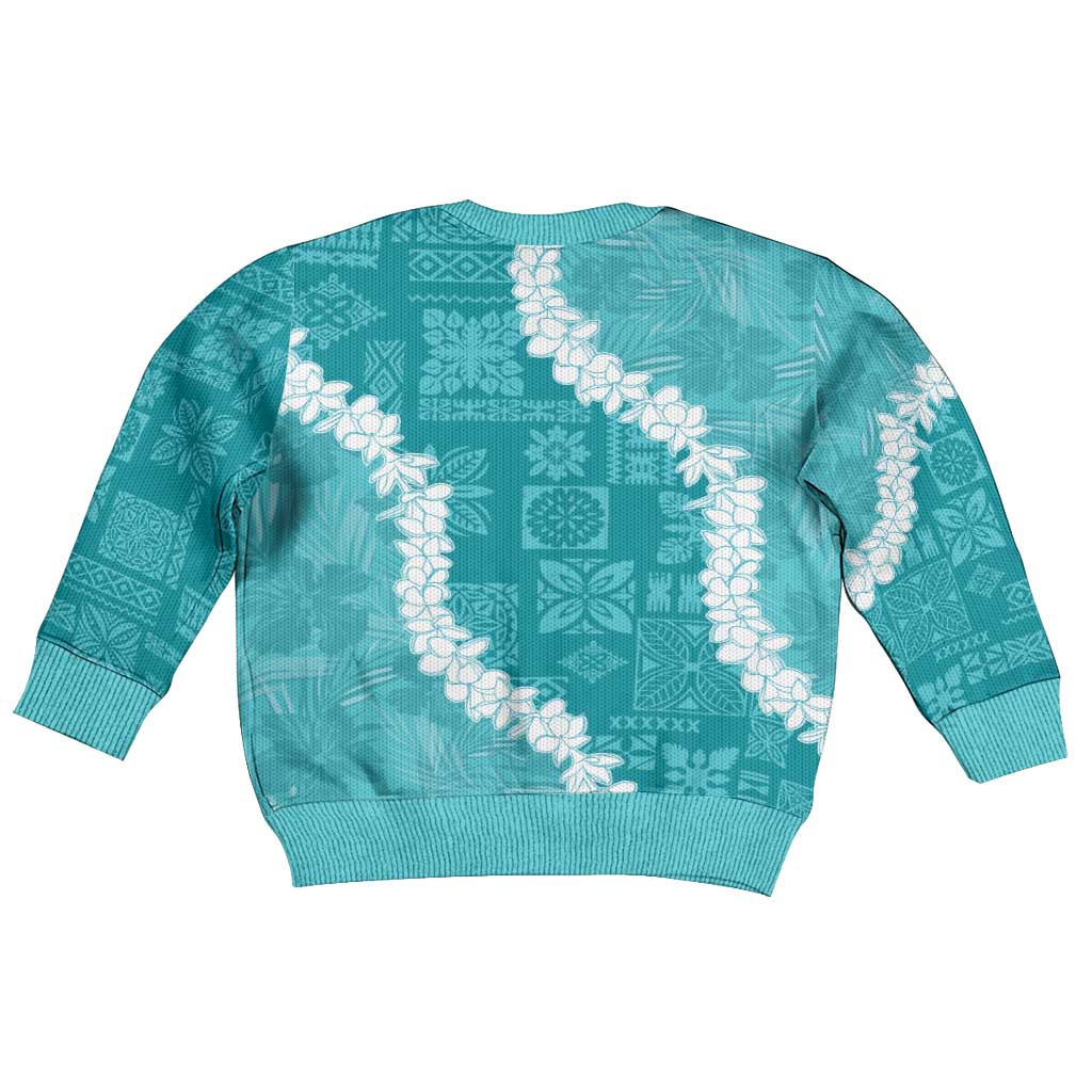 Hawaii Aloha Kid Ugly Christmas Sweater Teal Quilt Patch Work Mix Plumeria Lei