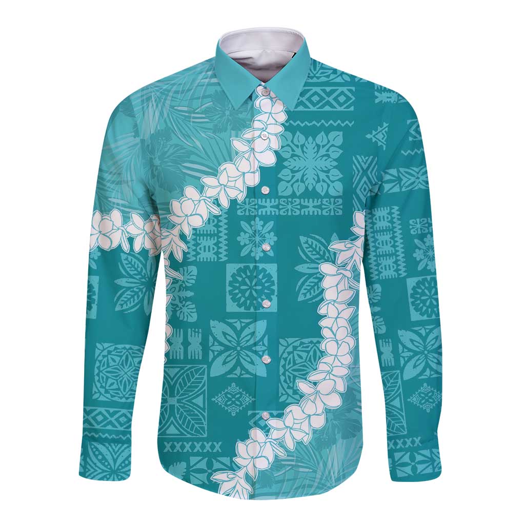 Hawaii Aloha Long Sleeve Button Shirt Teal Quilt Patch Work Mix Plumeria Lei